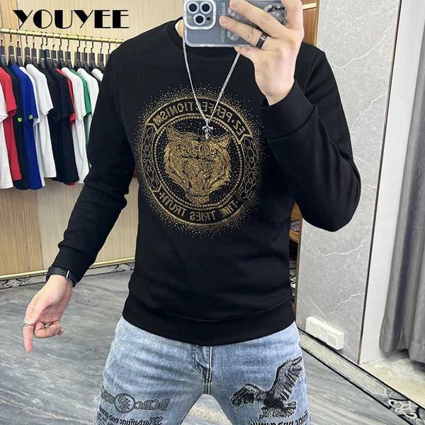 Erkek Hoodies Sweatshirts Tiger Head Mens Hoodies Sweater Sonbahar Kış Yeni Kazak Sıcak Elmaslar Luxus Marka Erkek Gündelik İnce Trend Adam Kırmızı Üst J240221