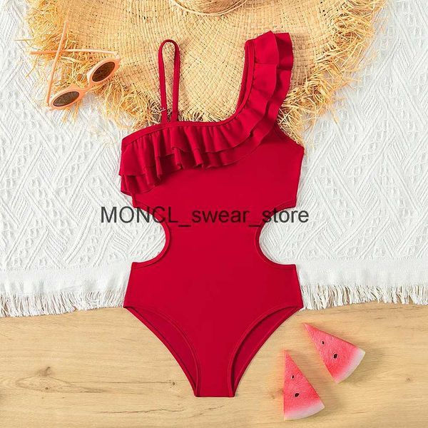 Damen-Bademode, Retro-rote Farbe, Teenager-Mädchen-Badeanzug, einteilig, 5–14 Jahre, Kinder, gerüschte Strandkleidung H24221