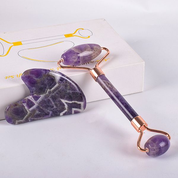 100 % natürlicher Amethyst-Roller und Gua-Sha-Set, Gesichtsmassagegerät, Jade-Roller für Facelifting, Gesichtsroller, Guasha-Anti-Aging-Hautpflege-Sets für Frauen