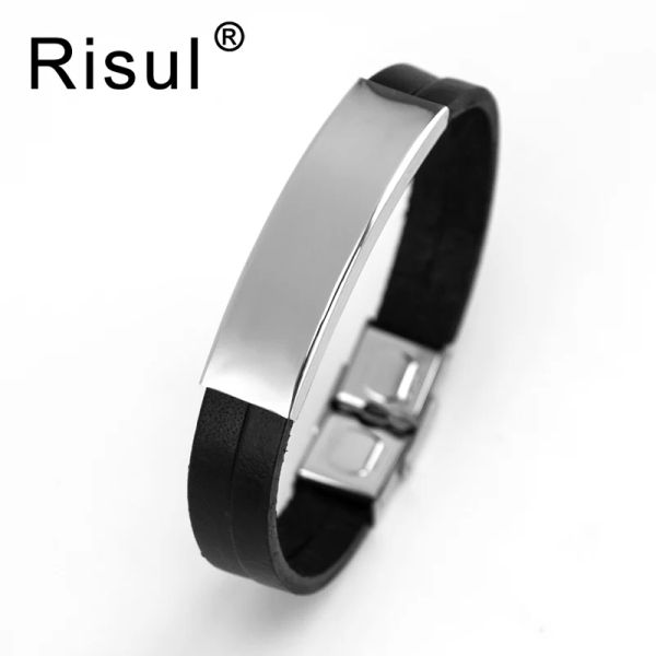 Armbänder 20 Stück Risul personalisierte leere Röhre Doppellinie Lederarmband Edelstahl sicherer Verschluss Männliche Armreifen Vaterschmuck Geschenk