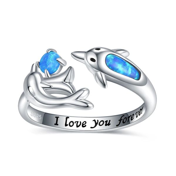 Anelli in argento sterling 925 con opale blu delfini anello regolabile aperto madre figlia natura oceano mare animali gioielli regali per donne ragazza
