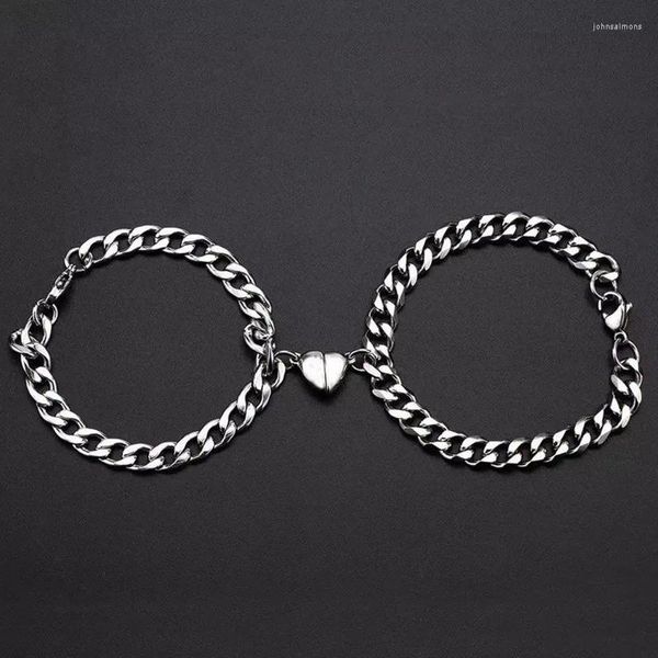 Link Armbänder 2 stücke Punk Silber Farbe Kuba Kette Paar Armband Für Frauen Romantische Magnet Männer Gepaarte Dinge Mode schmuck Liebhaber Geschenk