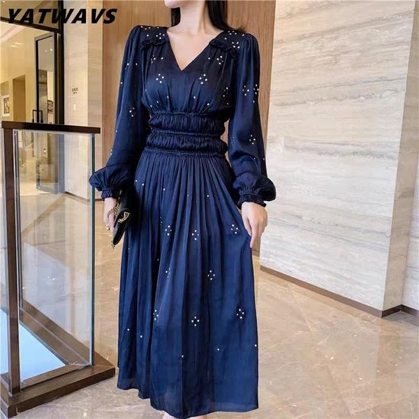 Vestidos casuais 2024 mulheres vintage strass ouro midi vestido elástico cintura alta primavera manga longa sopro feminino v-pescoço vestidos robe