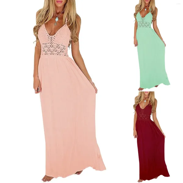 Vestidos casuais elegante crochê longo mulheres rendas maxi vestido sexy praia sem costas tee comprimento