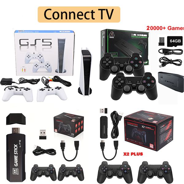 Console de videogame embutido, mais de 20000 jogos, retrô, portátil, 64g, 4k, tv, stick, 2.4g, controle sem fio, gamepad