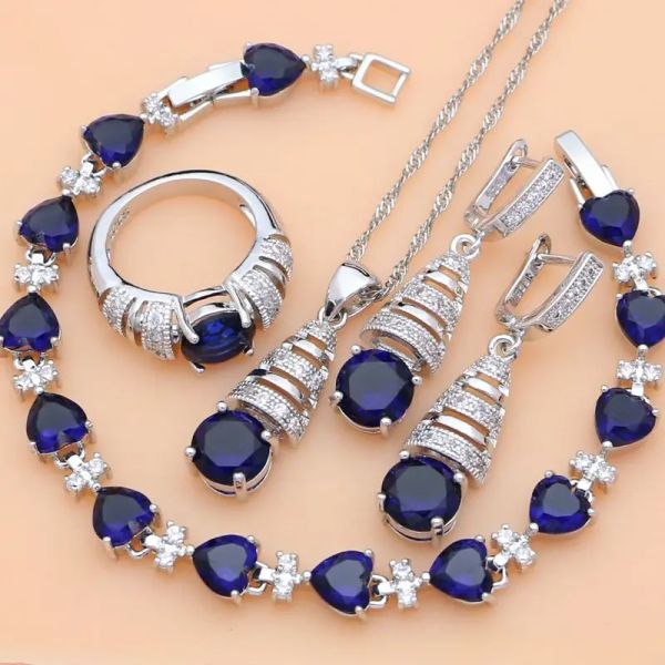 Sets Silber 925 Schmuckstücke Blue Natural Sapphire White Topaz Kostüm Schmuck Kits Indischer Schmuck für Frauen Halskette Set