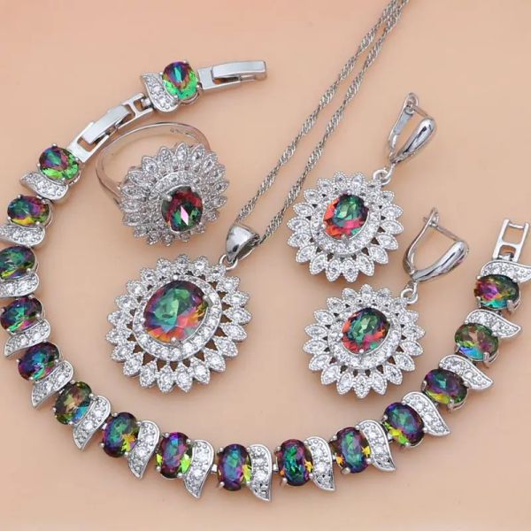 Sets Mystic Rainbow Fire CZ 925 Sterling Silber Schmuck Schmucksets Damen Ohrringe/Anhänger/Halskette/Ringe/Armband T234