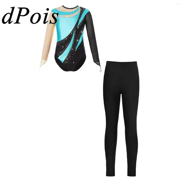 Palco desgaste crianças meninas ginástica macacão com leggings manga longa ballet dança collants dancewear conjuntos childs strass patinação bodysuit