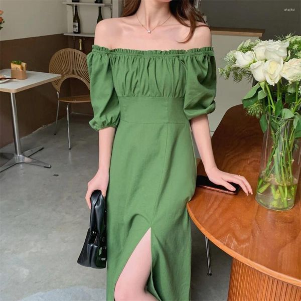 Partykleider Sommer Sexy Off Sholder Grünes Kleid Puff Kurzarm Falten Hoch Split Strand Für Frauen Kleidung Weibliche Backness