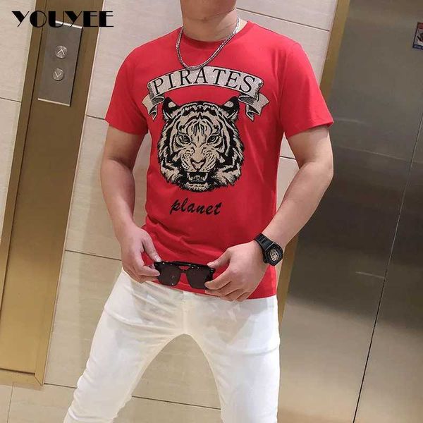 Homens camisetas Maré Marca Tees Slim Fit Mens Wear Red Tiger Head Impressão Hot Rhinestone Masculino Manga Curta T-shirt 2022 Verão Novo Designer J240221