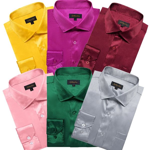 Sólido liso estiramento cetim camisas masculinas manga longa vermelho amarelo verde luxo social smoking vestido camisa roupas femininas blusa 240219