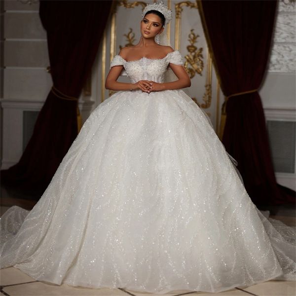 Árabe dubai luxo bling vestido de casamento fora do ombro contas lantejoulas rendas até vestidos de noiva inchados feito sob encomenda novia