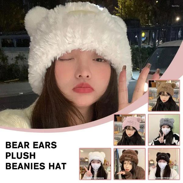 Berets Bär Ohren Plüsch Mützen Hut Winter Nette Warme Verdickte Hüte Ohr Kappe Koreanische frauen Schutz Vielseitige Süße Gestrickte versi Y7T0