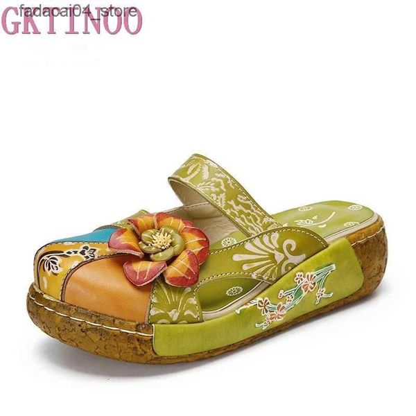 Chinelos GKTINOO Flor Chinelos Sapatos De Couro Genuíno Handmade Slides Flip Flop Na Plataforma Tamancos Para Mulheres Mulher Chinelos Plus Size Q240221