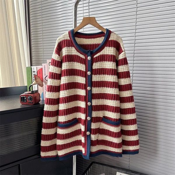 Giacche da maglione a righe a contrasto retrò in maglia da donna per donna Giacca cardigan lavorata a maglia a maniche lunghe ispessita di colore rosso vino