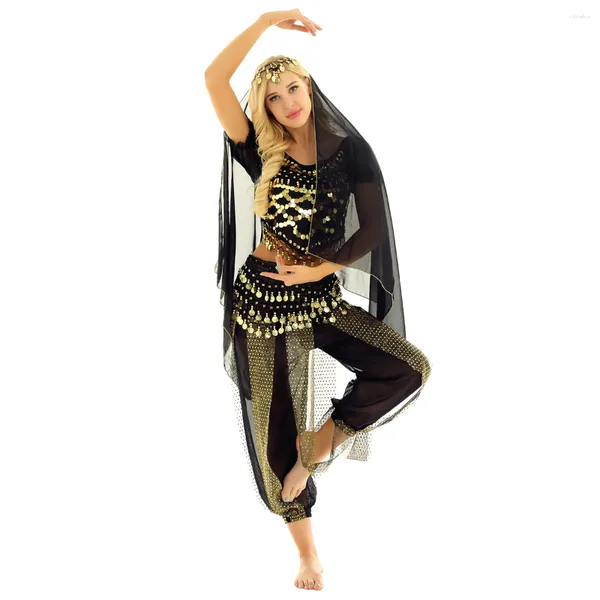 Abbigliamento da palco Vestito da danza del ventre da donna Performance di danza Abbigliamento da ballo Top corto con paillettes a maniche corte con pantaloni harem Sciarpa sull'anca Foulard