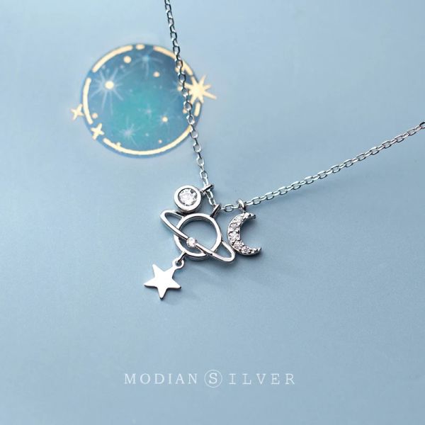 Colares MODIAN Dazzling Zircon Estrelas Lua Planeta Pingente Colar para Mulheres Moda 925 Sterling Silver Link Chain Colar Fine Jewelry