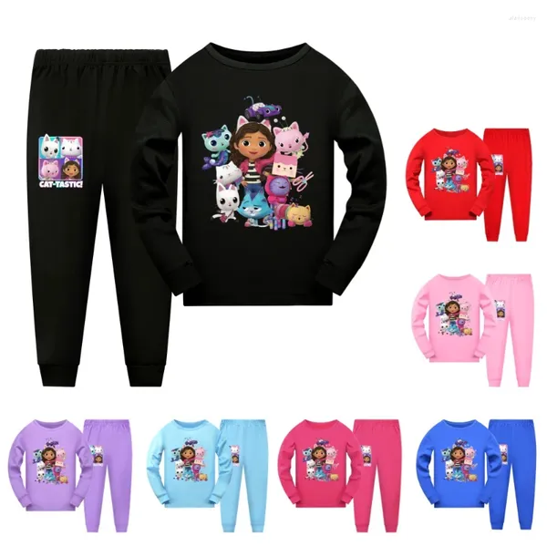 Conjuntos de roupas Gabbys Dollhouse Cats Traje Crianças Cartoon Pijama Bebê Meninas Manga Longa Camiseta Calças 2 Pcs Adolescente Meninos Casaul Pijamas
