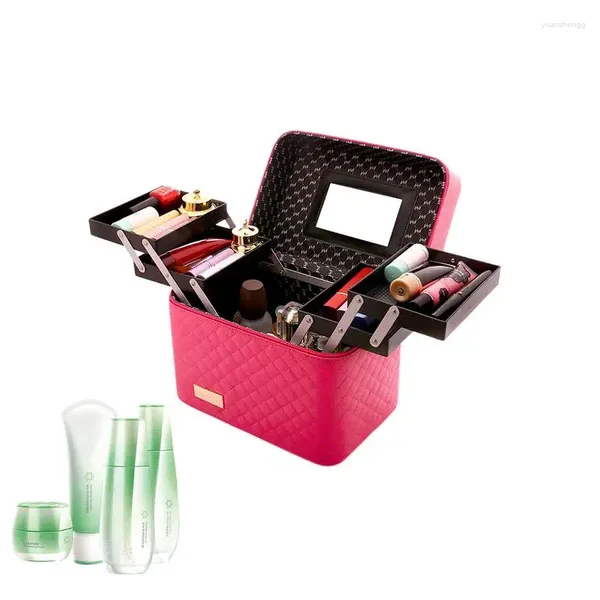 Aufbewahrungsboxen, Make-up-Organizer, Tasche mit Spiegel, Kosmetiktaschen, 4-lagiges faltbares Tablett, multifunktionale Toilettenbox für Reisen