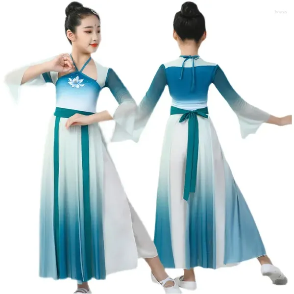 Abbigliamento da palcoscenico Costume da danza classica per bambini Abbigliamento da esercizio Elegante fascino per il corpo Abiti in garza Fan per ragazza etnica in stile cinese