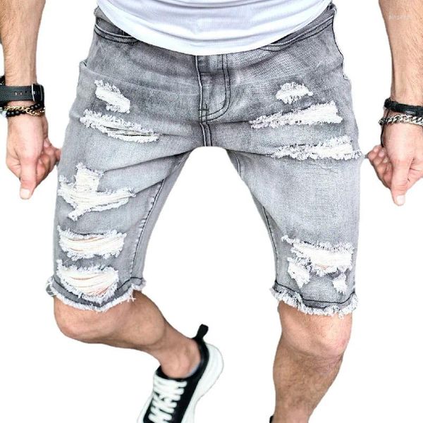Мужские джинсы 2024, летние джинсовые шорты для внешней торговли: персонализированные перфорированные приталенные модные эластичные капри