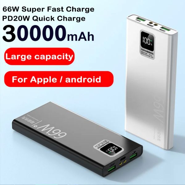 Gadgets Power Bank 30000mAh com saída USB 66W Carregamento rápido PowerBank Bateria externa para iPhone Huawei Xiaomi Samsung Powerbank