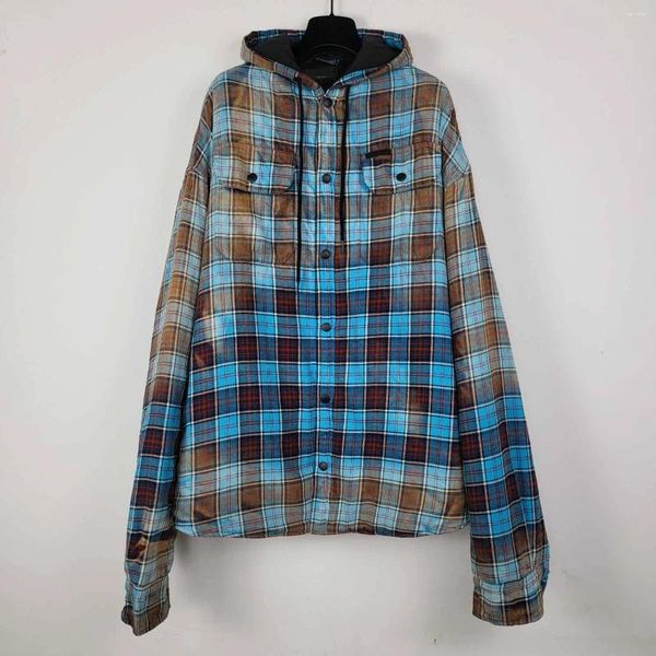 Herrenjacken 23/SS Luxus 1: 1 Rendered Gradient Plaid Jacket Frauen Männer Flanell Kapuze -Hemd Baumwolle gepolstert