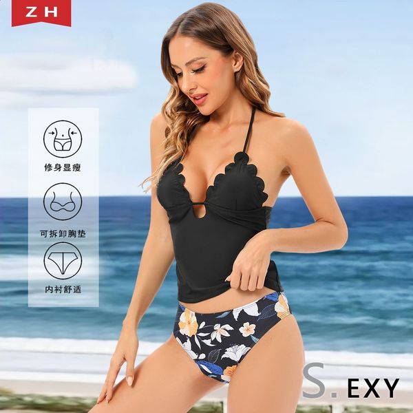 Damen-Bademode SEASLEFIE Tankini-Badeanzug mit gewelltem Halter und mittlerer Taille für Frauen, sexy Bikini-Sets mit V-Ausschnitt, zweiteilige Badebekleidung, Badeanzug 230417