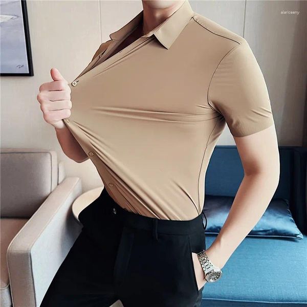 Männer Casual Hemden Männer Kurzarm Hemd 2024 Sommer Dünne Atmungsaktive Hohe Elastische Slim Fit Feste Formale Kleid Koreanische Kleidung