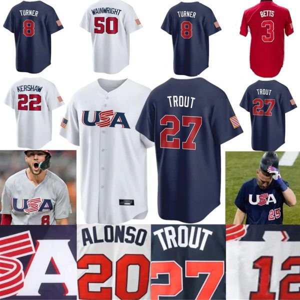 2023 Camisa de beisebol personalizada S-3XL da equipe dos EUA Mike Trout Trea Turner Adam Ottavino Mookie Betts Nolan Arenado Kyle Schwarber Kyle Tucker Pete Alonso J.T.Camisas Realmuto