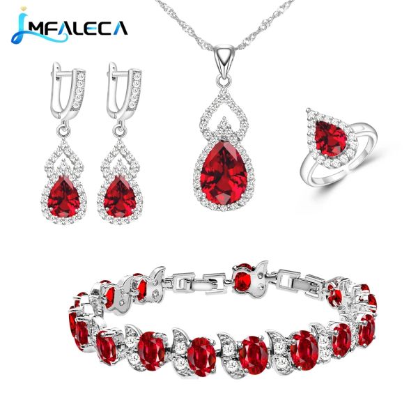 Sets Women Silver 925 Conjuntos de jóias personalizadas Red Garnet Teardrop Brincos de Bithstone Brincos Anel de anel aberto conjunto para mãe/esposa/amigo