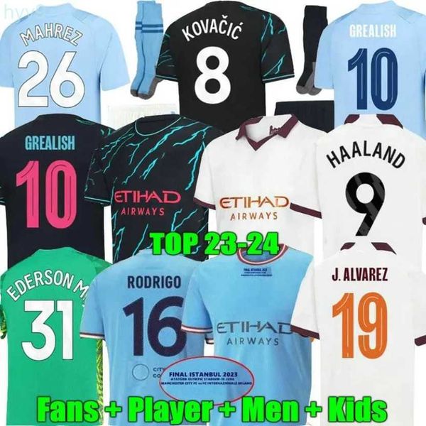 Мужские футболки 24 Soccer Jerseyshaaland Grealish Cities Mahrez Fans Player Version Bruyne Foden 2024 Топы Детские комплекты Женская форма Kovacic I48v