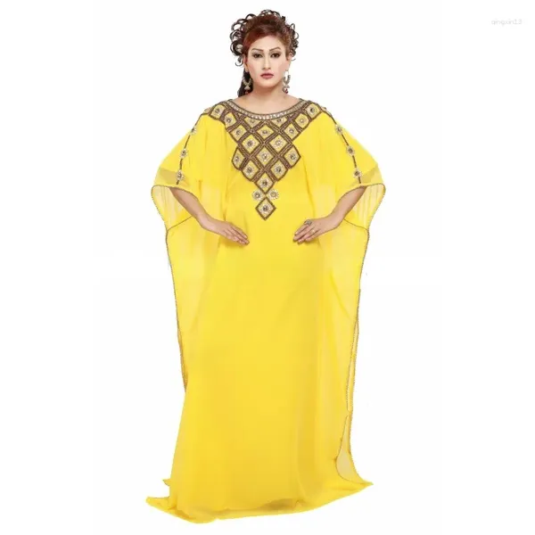 Roupas étnicas Kaftan Amarelo Grande Pescoço Redondo Mangas Sino Traje Tradicional Vestido de Noiva Robe