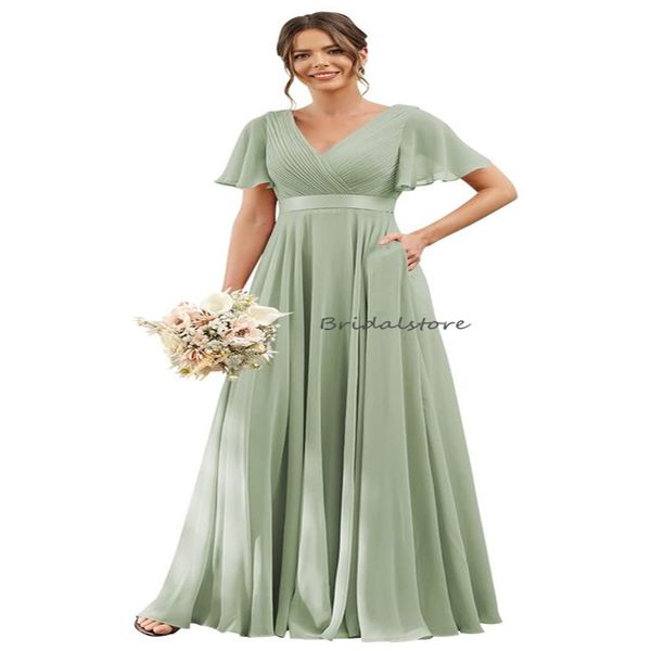 Boho hortelã verde vestidos de dama de honra com mangas flutter sexy decote em v até o chão chiffon dama de honra rosa casamento convidado festa vestidos festas robes soiree 2024