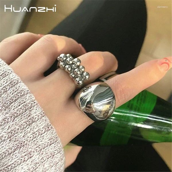 Anéis de Cluster Huanzhi Anel de Bolas de Prata para Mulheres Meninas Ins Tendência Exagerada Clássico Design Simples Chunky Heavy Metal Party Jóias