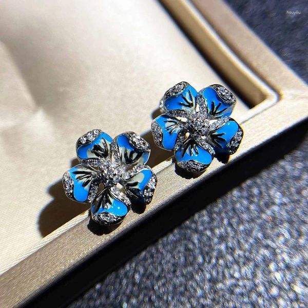 Brincos delicados flor incrustação deslumbrante pequeno zircão elegante azul esmalte jóias para mulheres casamento noivado aniversário gif