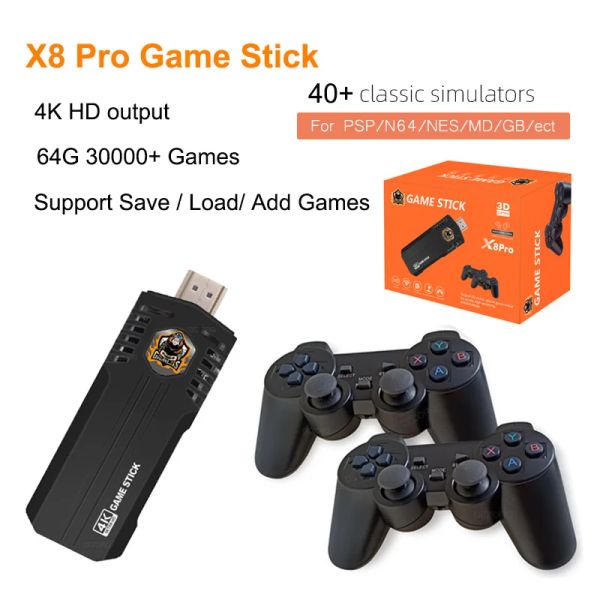 Консоли x8 Pro Retro Video Game Console 64G 30000+ Games Emuelec 4.5 Wireless Gamepad 40+ Emulator Game Plet 4K для N64/PSP/SNES