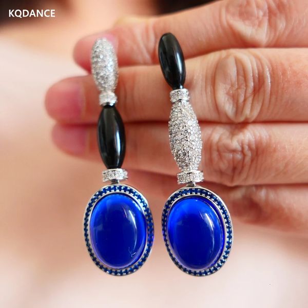 KQDANCE Luxo Grande Resina Preta CZ Diamante Corte Oval Safira Azul Pérola Brincos Longos Com 925 Agulha de Prata Jóias Mulher 240220