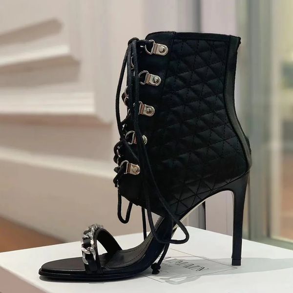 Frente lace-up stiletto sandálias de couro genuíno gladiador sapatos de volta fecho de correr feminino festa vestido de noite sapatos designers de luxo calçados de fábrica de salto alto