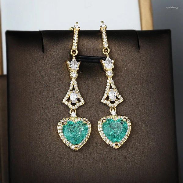 Orecchini a bottone Cuore di cristallo di lusso Vintage Paraiba 925 Timbro Unico Smeraldo Zircone Regali di gioielli per feste di compleanno per donne