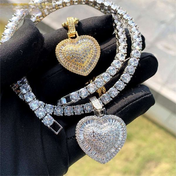 Venda quente banhado a ouro prata sparking bling jóias femininas micro pave 5a cz diamante completo forma coração pingente tênis corrente neckl