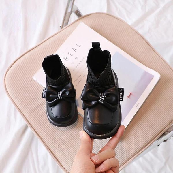 Сапоги, коллекция 2024 года, универсальные однотонные ботинки с носками и бантиками для девочек, черные, коричневые, детская обувь в британском стиле, детская кожаная весенне-осенняя простая обувь