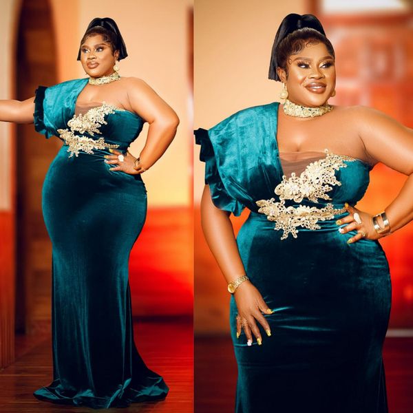 Hunter Green Vestidos de Noite Plus Size Vestidos de Baile de Veludo Gola Alta Mangas Compridas Ilusão Sereia Vestido Formal Elegante para Mulheres Negras Robe De Soiree L553