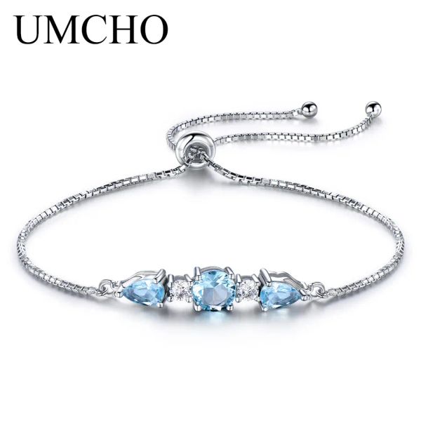 Bangles Umcho Solid 925 Sterling Gümüş Bilezikler Kadınlar İçin Bangles Doğal Gökyüzü Mavisi Topaz Ayarlanabilir Tenis Bilezik İnce Mücevherat