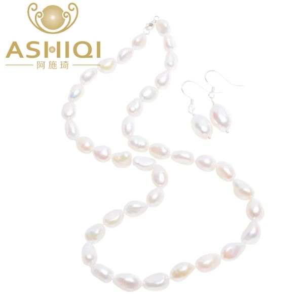 Sets ASHIQI Barock Natürliche perle Schmuck Sets Echte Süßwasser perle Halskette 925 Sterling Silber Ohrringe für frauen Neue