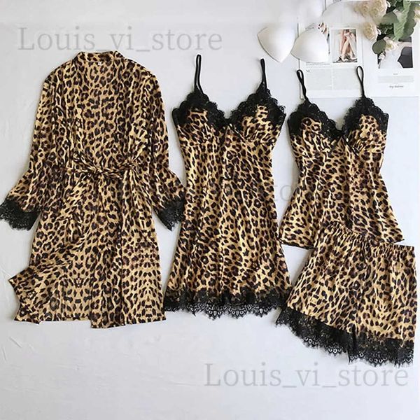 Moda de sono feminina moda nova feminina leopardo Polka Dot Pait Paijama Conjunto de quatro mulheres malditas lingerie vestes de roupas íntimas