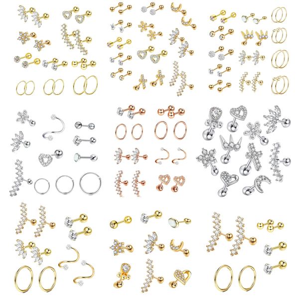 Stud 1set Ear Bone Nail Piercing Set Cartilagem Zircon Tragus Nariz Lip Anéis Helix Barbell Brinco Hipoalergênico Pircing Jóias