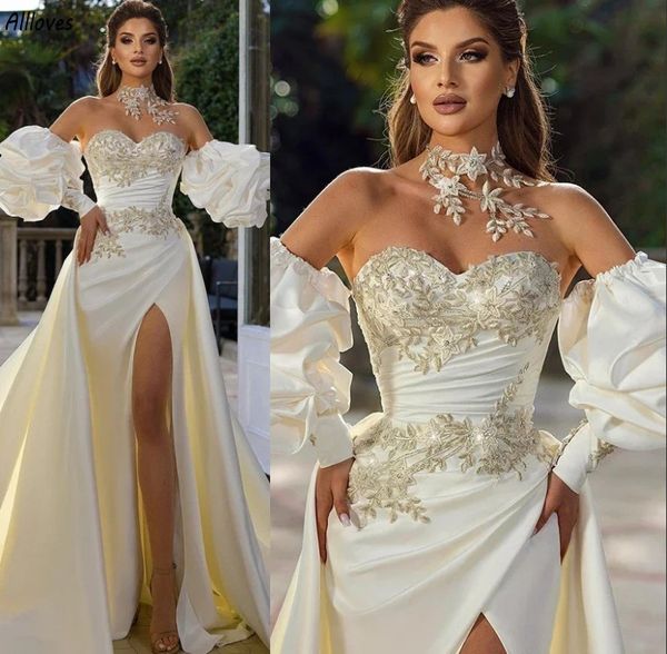 Mangas bufantes marfim cetim sereia vestidos de casamento com trem destacável chique renda pescoço decorado dubai árabe vestidos de noiva sexy coxa divisão querida vestidos cl3309