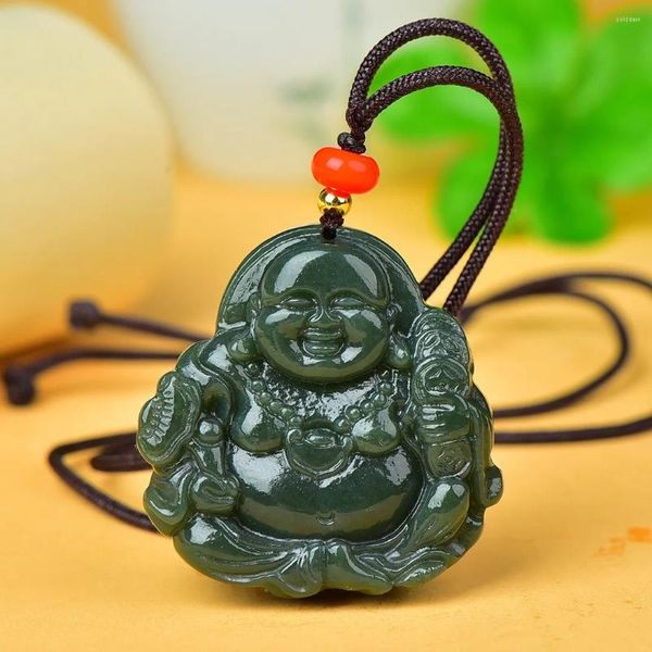 PENDANTS Natural Green Gade Money Buddha Necklace Mandace Uomini Donne Guida Catena di maglioni Amulet Lucky Fand