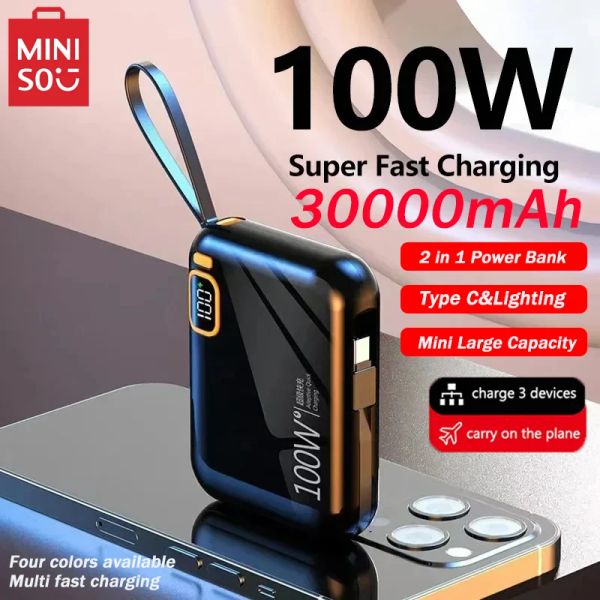 Banka Miniso Taşınabilir Güç Bankası PD100W 30000mAH Çıkarılabilir USB Tip C Kablo Twoway Fast Charger Mini Powerbank Ücretsiz Kargo